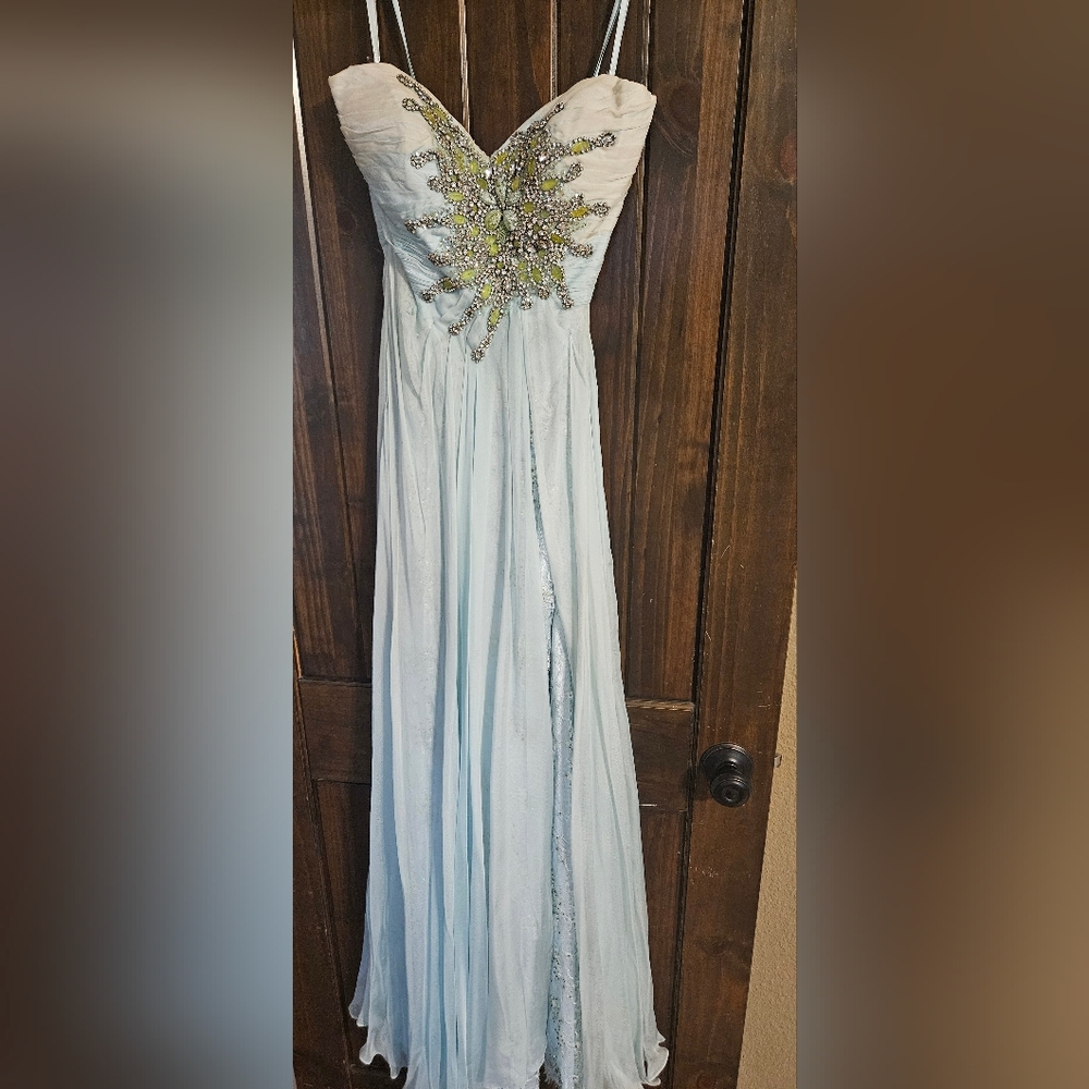 Mac Duggal Pale Blue Strapless Evening Gown with Gold Beading
